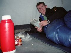 04B Jerome Ryan Relaxing Reading A Book Inside Tent At Baranco Camp On Day 3 Of The Machame Route Climb Mount Kilimanjaro Kili October 2000
