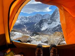 07B Resting in our tent at Lobuche East High Camp 5600m with a view to Mera Peak, Kangtega and Thamserku
