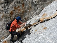 08C Starting to climb the steepest section of the rocky boulder slabs with hand ropes on the way to Lobuche East High Camp 5600m
