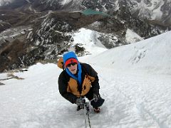 09C Climbing the steepest snow slope with Khumbu Glacier and Cholatse Tso Lake below on the Lobuche East Peak summit climb
