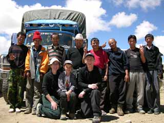 Charlotte Ryan, Peter Ryan and Jerome Ryan with our Nepalese guide Gyan Tamang and 4-person Nepalese crew, and Tibetan guide Jigme and our 2-person Tibet crew at Shishapangma checkpoint guesthouse
