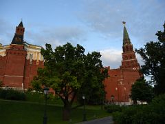 12 Oruzheynaya Armory Tower 1495, and Borovitskaya corner Tower 1490 at the end of Alexander Gardens Kremlin Moscow Russia