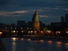 16C Vodovzvodnaya Tower close up lit up at night from the Bolshoy Moskvoretsky bridge over the Moscow river Russia