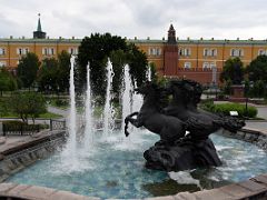 04E Four Seasons Fountain by Zurab Tsereteli has four frolicking horses in Manezhnaya Square with the external Kremlin wall beyond Moscow Russia