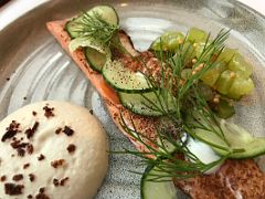 05B Lunch appetizer was birch and juniper cured arctic char at LAVA Restaurant Blue Lagoon geothermal spa Iceland