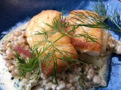 05C Lunch main course was cod with barley, fennel, grapes and mussel sauce at LAVA Restaurant Blue Lagoon geothermal spa Iceland