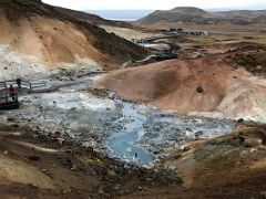 06C The boardwalk around the geothermal area and parking lot from the upper boardwalk at Seltun Krysuvík Reykjanes Peninsula Iceland