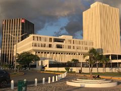 01A Waterfront area has tall buildings like Scotiabank and Bank Of Jamaica in the last rays of sunset Kingston Jamaica