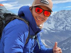 08 Nepalese mountaineer Lakpa Dendi Sherpa stopped briefly on his descent from guiding a client at our tent at Lobuche East High Camp 5600m