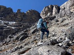05A Lal Sing Tamang leads the way to ascend the scree slope on the way to Lobuche East Base Camp