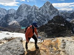 12C Climbing along the Lobuche Peak rocky ridge with views to Kangtega, Thamserku, Taboche, Cholatse as we near Lobuche East High Camp 5600m
