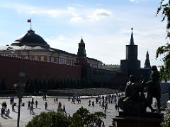 05B Dome of Kremlin Senate, Senatskaya Tower, Lenin Mausoleum Tomb with Statues of Kuzma Minin and Dmitry Pozharsky from St Basil Cathedral Red Square Moscow Russia