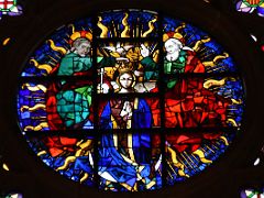 04B The coronation of the Virgin Mary in the centre of the Rose stained glass window Basilica Santa Maria del Mar Barcelona Spain