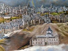 05D View and Plan of Toledo - El Greco 1608 Detail Tavera Hospital floats on a cloud with Bisagra Gate and Toledo Cathedral Museo Del Greco Museum Toledo Spain