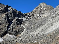 02B Trail ascends the scree slope and climbs on the rocks on the left from the top of the hill behind Lobuche on the way to Lobuche East Base Camp